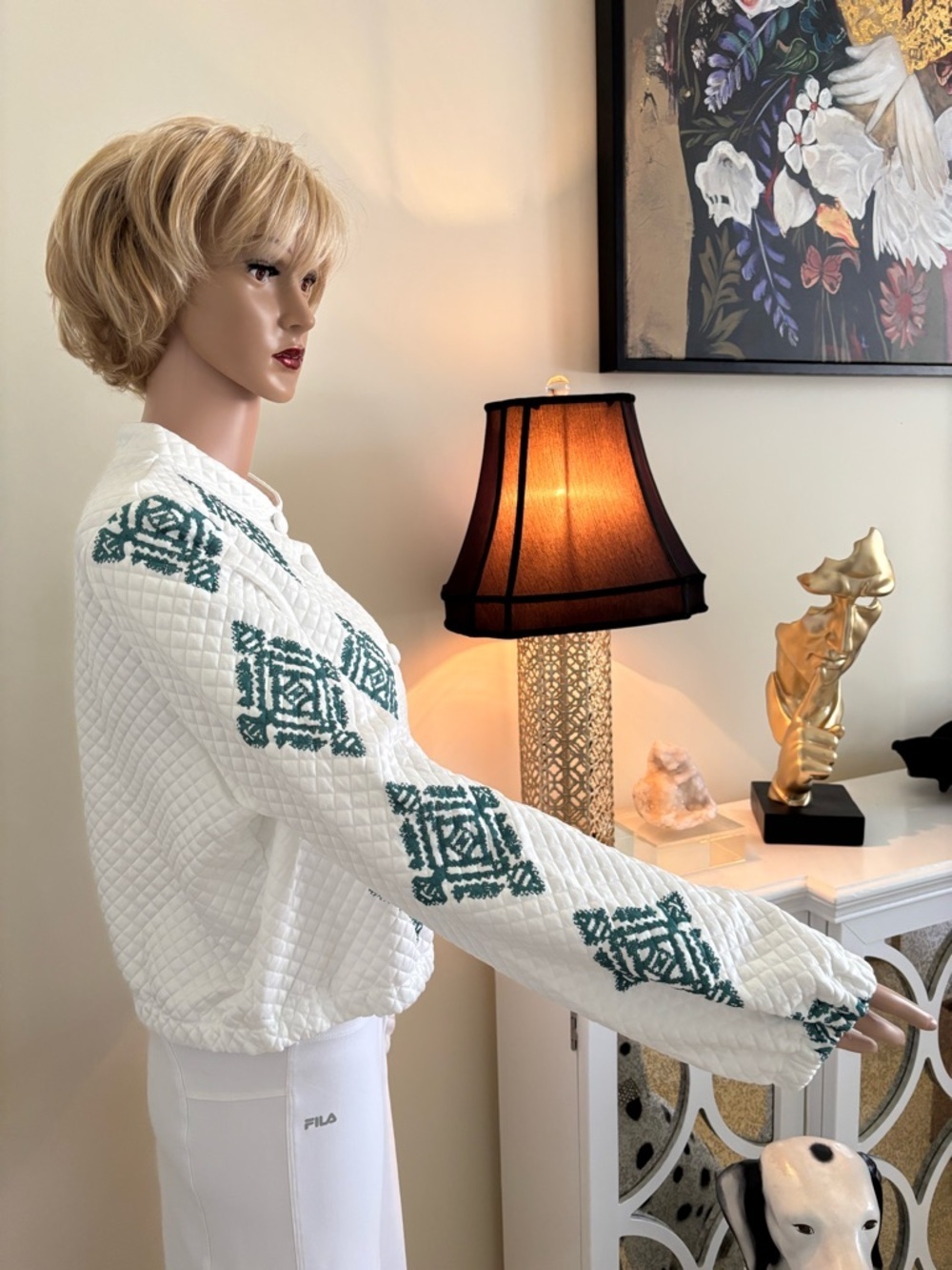Quilted White Button-Front Jacket with Teal Diamond Motif - Picture 6 of 13